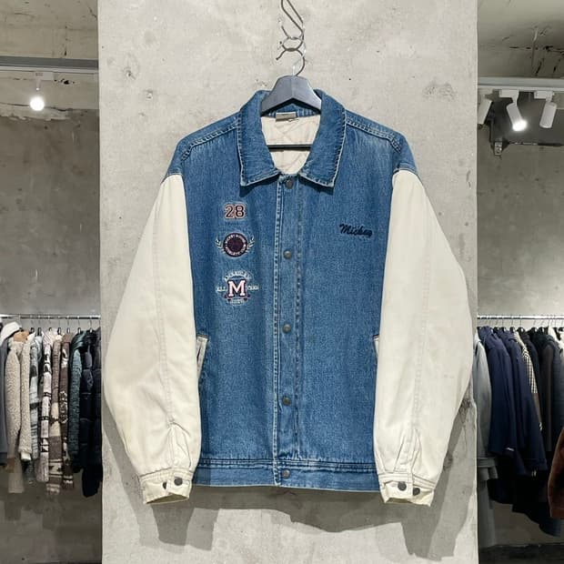 디즈니 90s 미키 누빔 데님 바시티 자켓