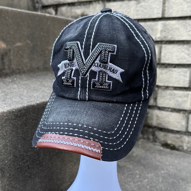 Vintage leather detail gray washing cap 