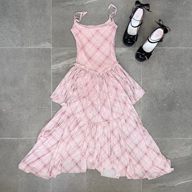 Baby pink check chiffon layered ops