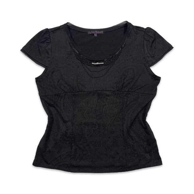 빈티지 블랙 비즈 슬림 반팔티