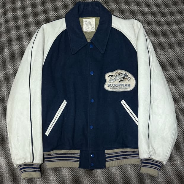 80s~90s 스쿱맨 샷건 네이비 울 레더 바시티 자켓