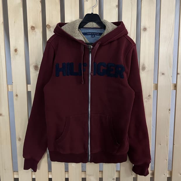 (S) 타미힐피거 버건디 양털 후드집업
