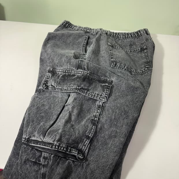 M-L 빈티지 루즈핏 빈티지블랙 워시드 밑단스트링 밴딩 카고팬츠