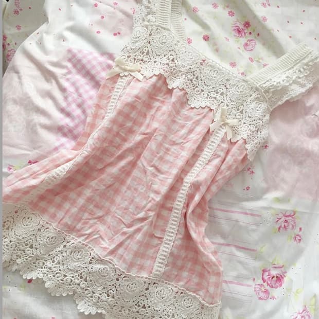 빈티지 모리 페어리 핑크 체크 슬리브리스 