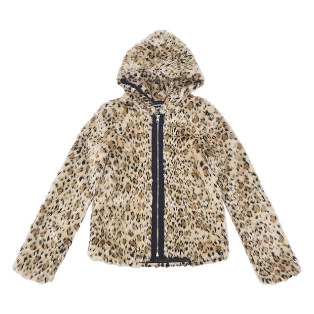 레오파드 후드 퍼 숏 점퍼