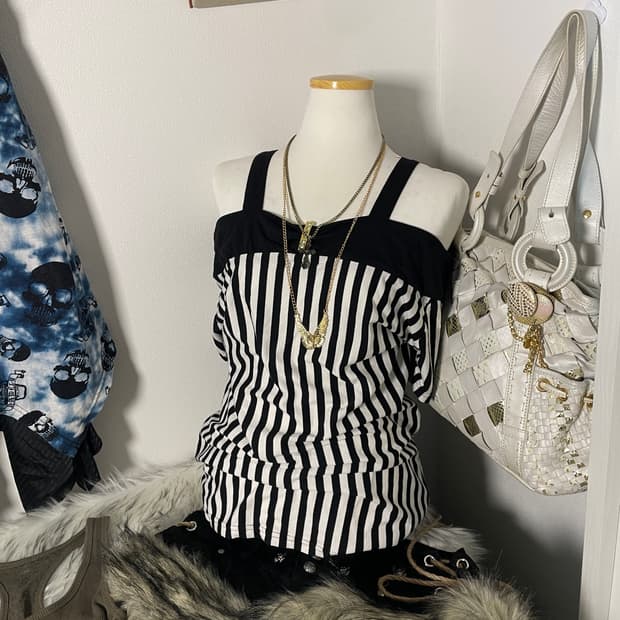 빈티지 갸루 스트라이프 오프숄더 티셔츠