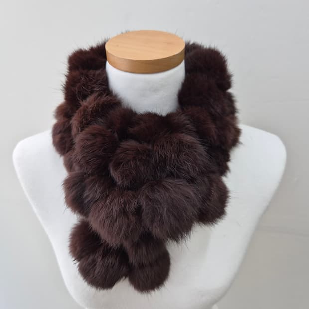 브라운 리얼 렉스 토끼털 퍼 폼폼 머플러 