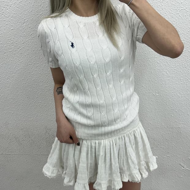 폴로 랄프로렌 네이비포니 화이트 꽈배기 반팔 니트 S