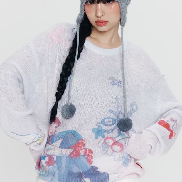 키르시 X 피투 올오버 그래픽 루즈핏 헤어리 니트 [블루]