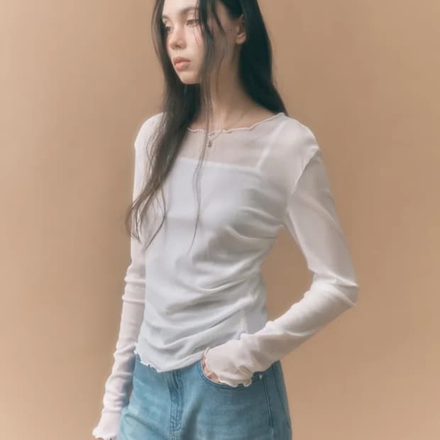 셔링 레이어드 메쉬 롱슬리브 