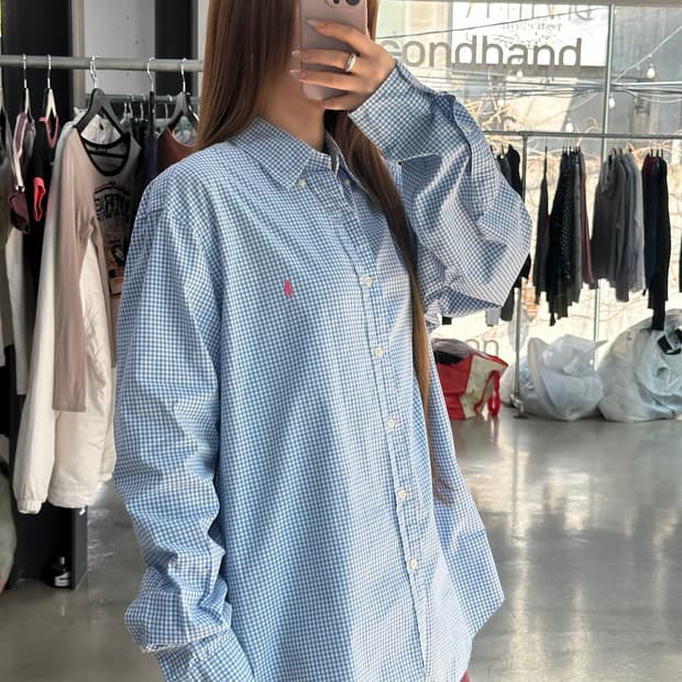 폴로랄프로렌 체크 핑크포니 셔츠 스카이블루