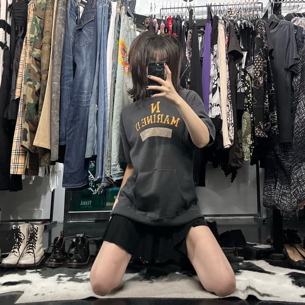 네이비 프린팅 후드 반팔
