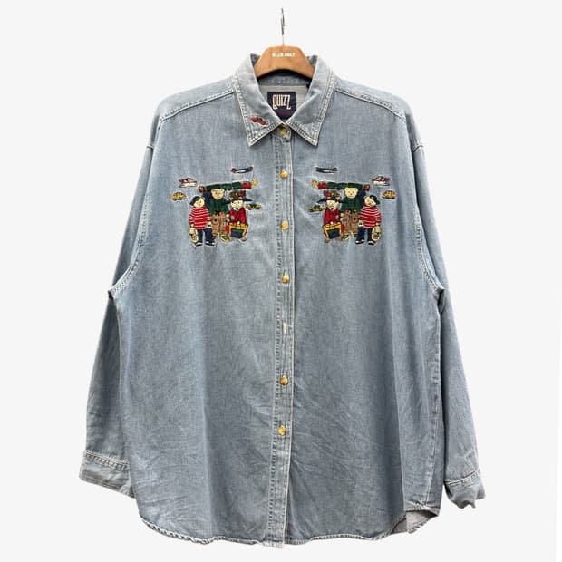 USA VINTAGE 긴팔 데님 셔츠 베어 자수 캐릭터 포인트