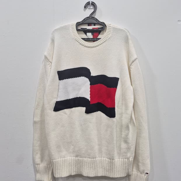 타미힐피거 니트 플래그 빅로고 포인트  울 스웨터 아이보리 남성 100