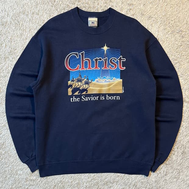 90's 리 LEE 올드스쿨 Christ 프린팅 맨투맨 네이비