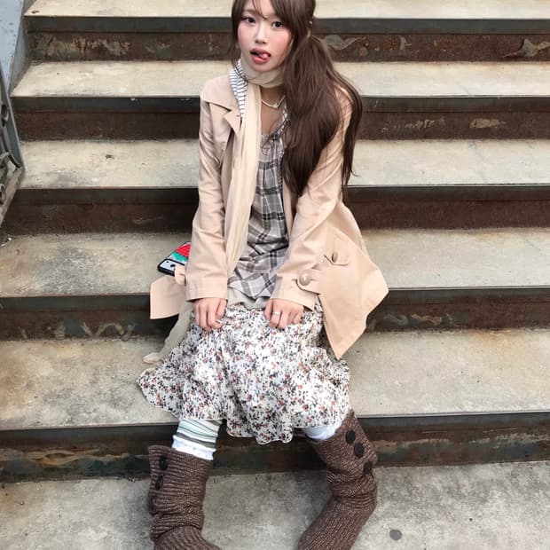 베이지 패턴 하구미 너드 모리걸 야상 코디세트