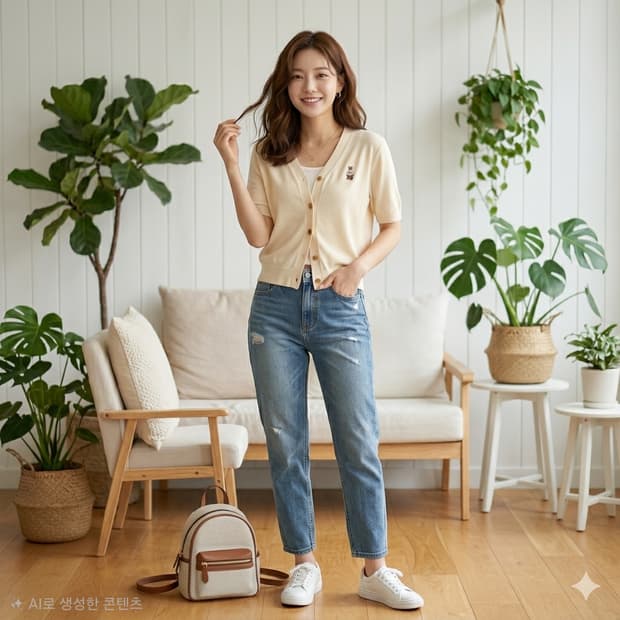 후아유 스티브 곰돌이 자수 반팔 가디건