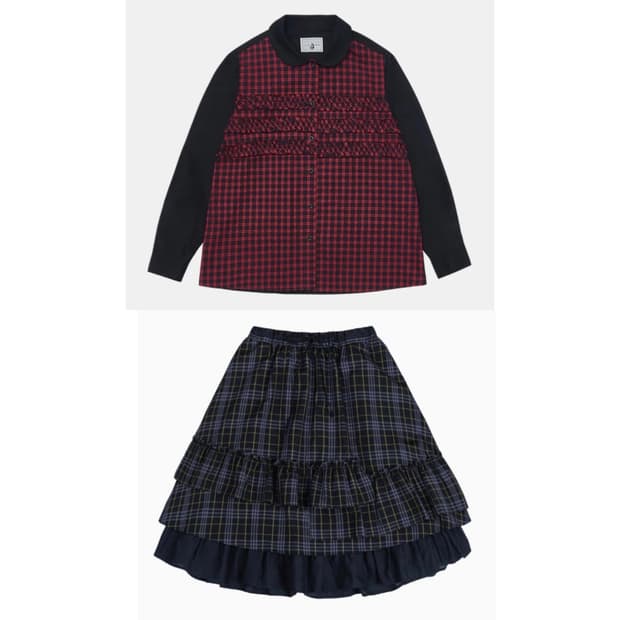 오헤시오 프릴 셔츠 + 체크 프릴 미디 스커트