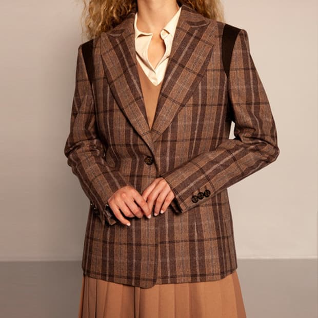 문리 브라운 체크 울 자켓