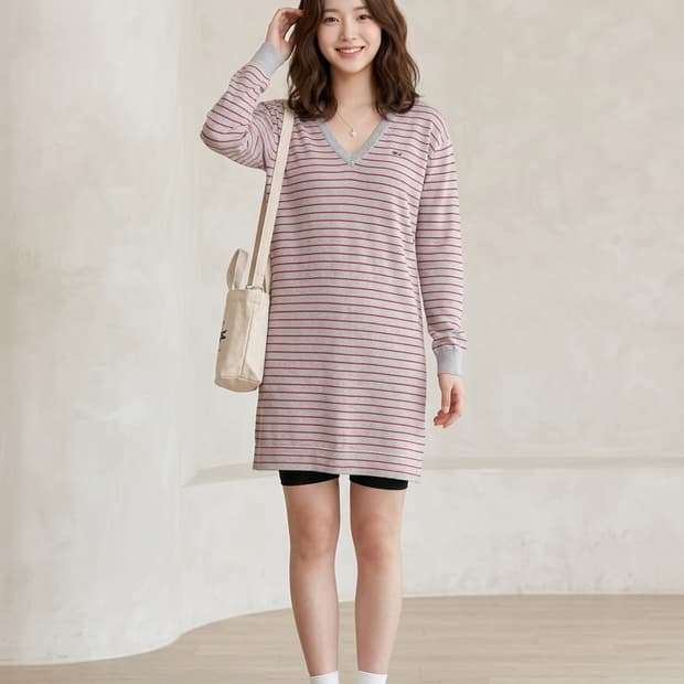 라코스테 브이넥 스트라이프 울 롱 니트/원피스