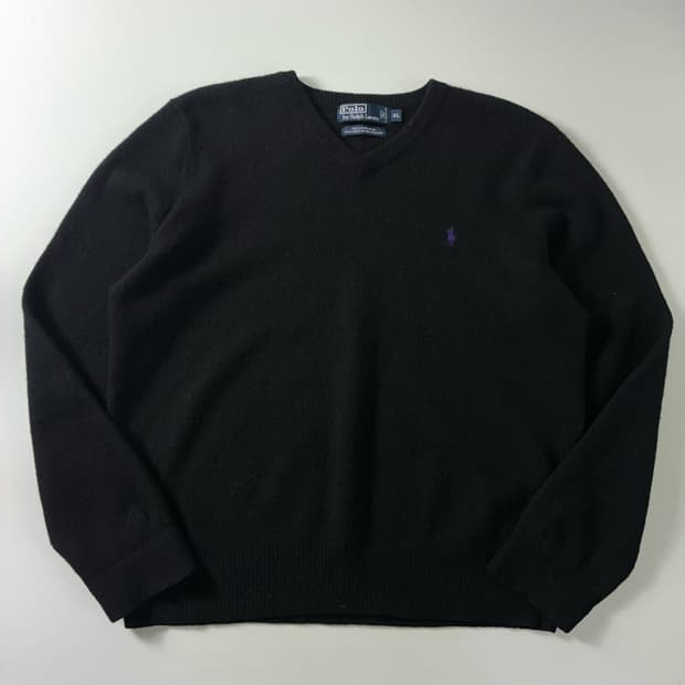 Polo  폴로 랄프로렌 자수 램스울 블랙 브이넥 니트 