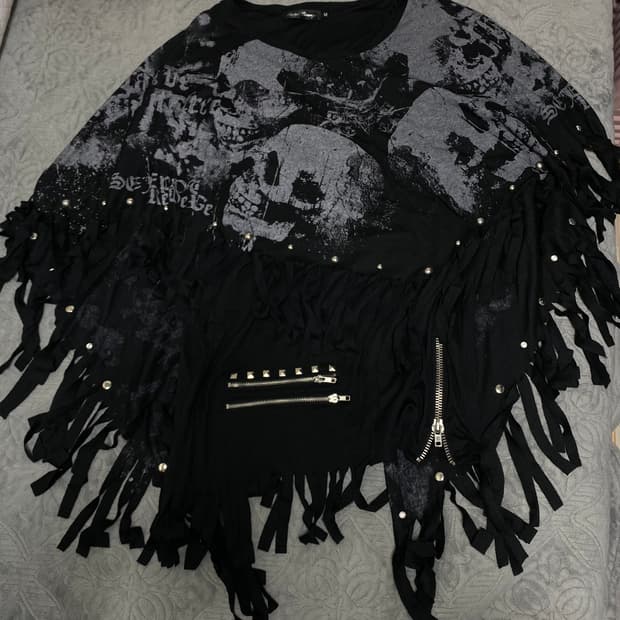 (착샷0) 해골 프린팅 판초 레이어드 티셔츠 고스펑크 펑크룩