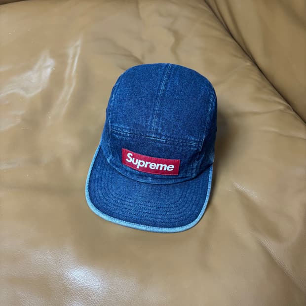 슈프림 캠프캡 모자 박스로고 워시드 데님