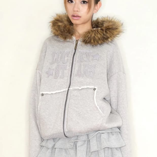 익스파이어드걸 보아 퍼 후드 집업 멜란지 그레이