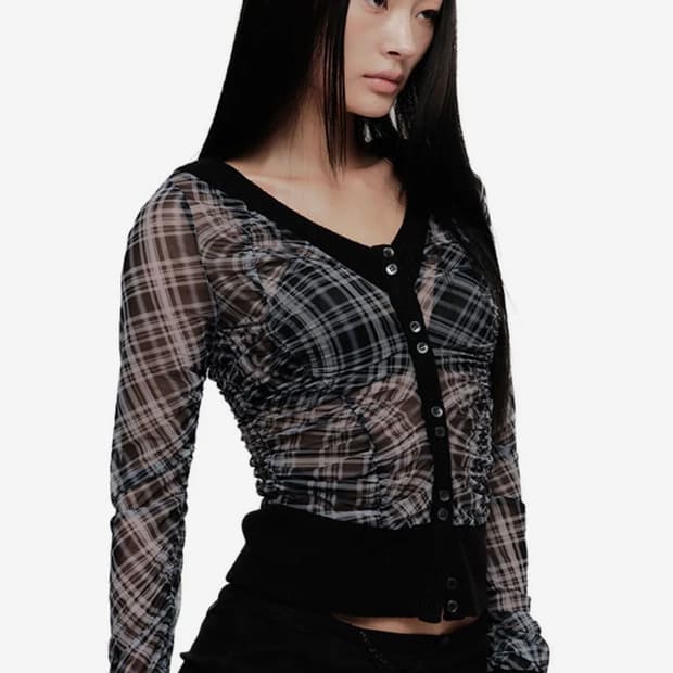 VIKA PLAID MESH CARDIGAN (BLACK) 1사이즈