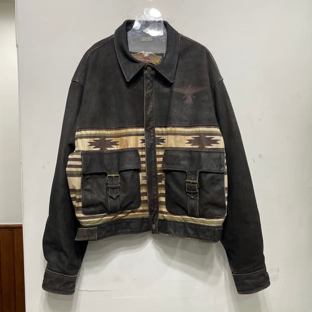 90s 할리 데이비슨 트라이벌 패턴 가죽자켓