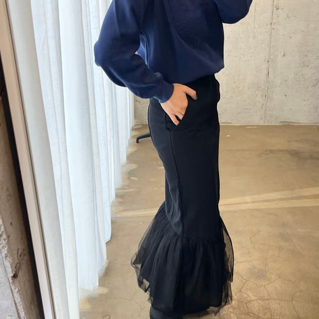 튤 코튼 롱 스커트 블랙