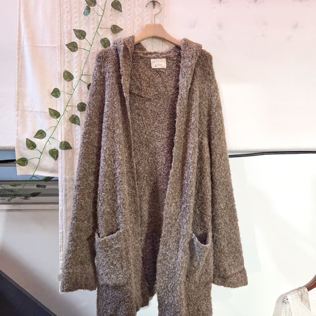 부클 후드 가디건