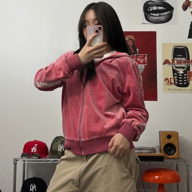 빈티지 벨벳 후드 핑크 트랙탑 져지