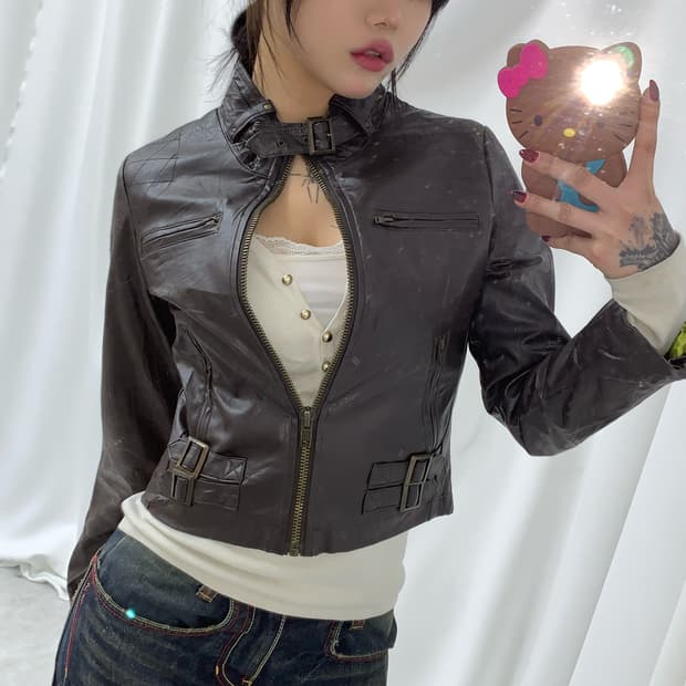 딥브라운 y2k 버클 딱붙 가죽자켓