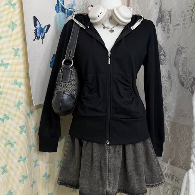 블랙 레이스 셔링 후드 집업