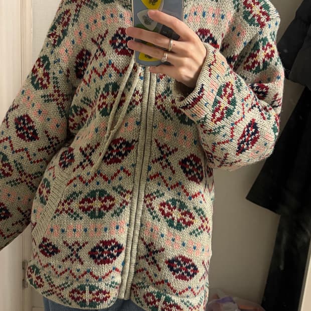 빈티지 페어아일 패턴 후드 니트 집업