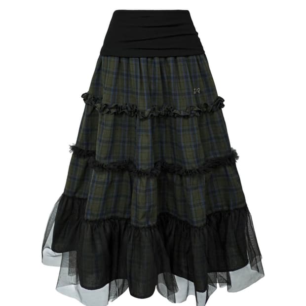 미레코 FOLDED CHECK FRILL MESH SK KHAKI