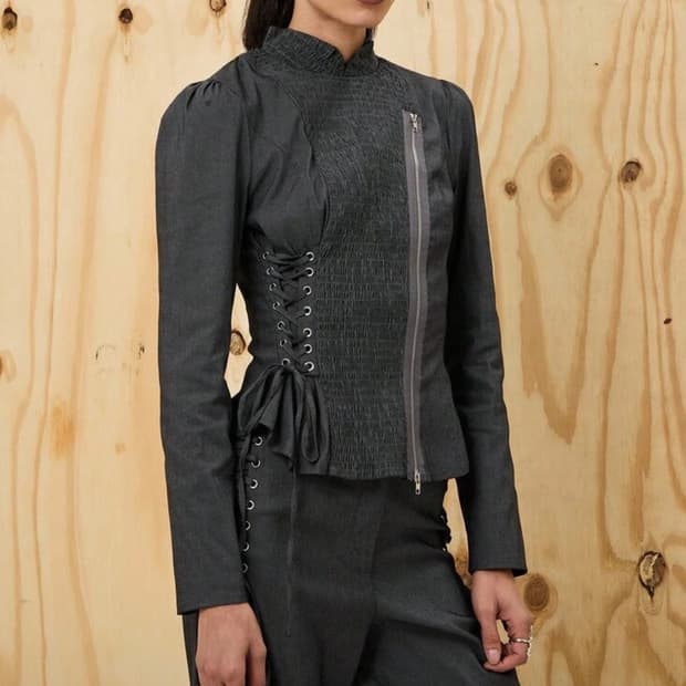 사선 지퍼 셔링 코르셋 탑