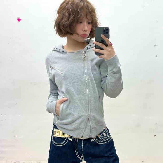 Asymmetric Zipper Stud Gray Hooded Zip