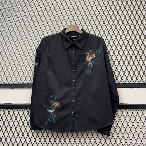 할리데이비슨 긴팔 셔츠 우먼스 장미 레터링 자수 로고 디테일 블랙