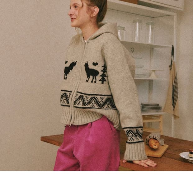 론론 알파카 자카드 후드 니트 집업 (그레이)