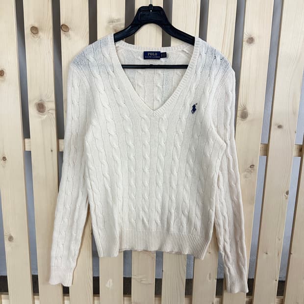(S) 폴로 랄프로렌 아이보리 브이넥 케이블 니트
