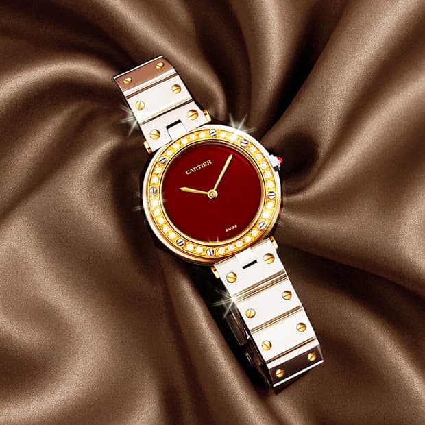 까르띠에 산토스 희귀 와인 다이얼 여성용 콤비 다이아 시계