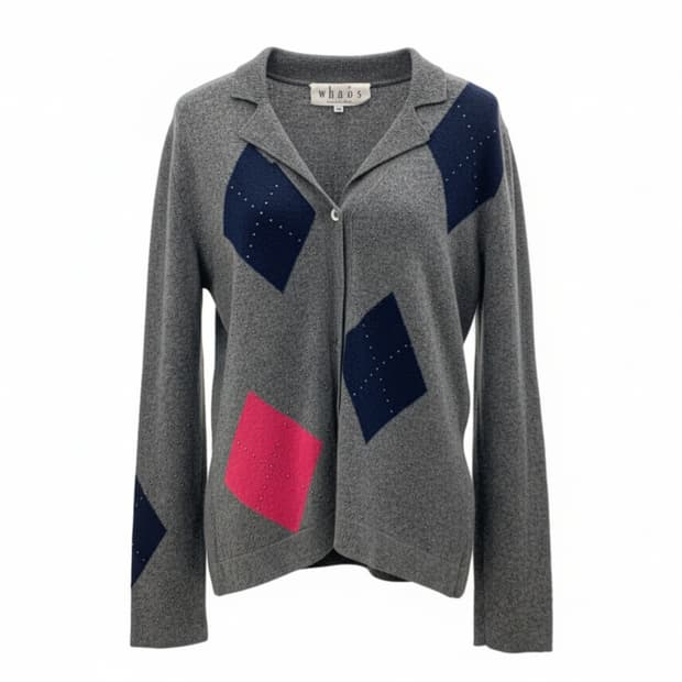 일본 빈티지 whaos 캐시미어 100 아가일 패턴 비즈 가디건 1793