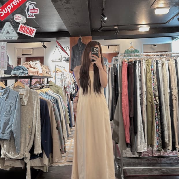 빈티지 새틴 뒷트임 레이어드 나시 슬리브 롱원피스