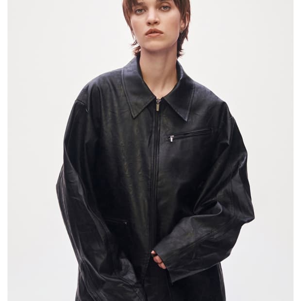 트리밍버드 Oblique Zipper Leather Jacket 