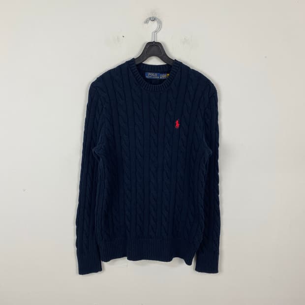 폴로 랄프로렌 네이비 꽈배기 니트 레드 포니 S