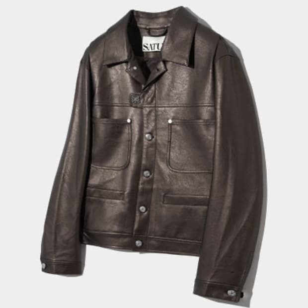 Satur Symbol Brooch Faux Leather Jacket