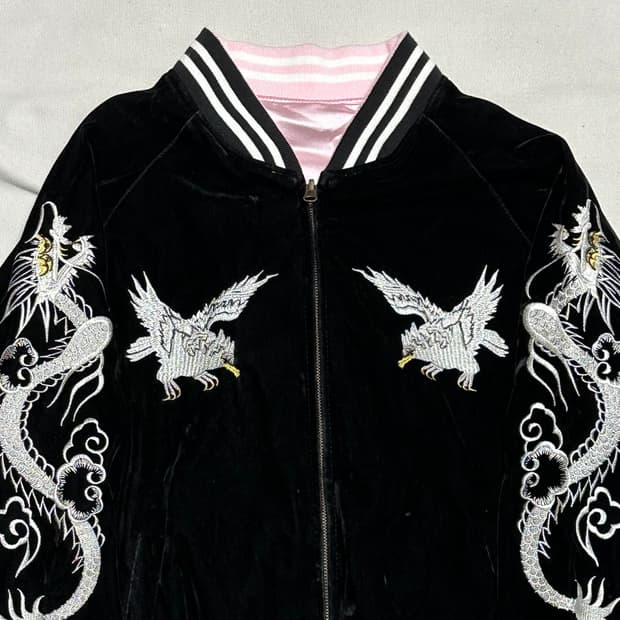 빈티지 독수리 호랑이 자수 리버시블 스카쟌