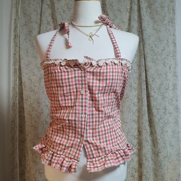 [리폼] 베이비돌탑 체크 블라우스 핑크 브라운 프릴